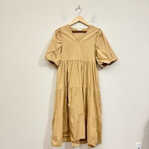 SOFIA Italy Tiered Midi Dress Brown A-Line SS Cotton V-Neck Peasant